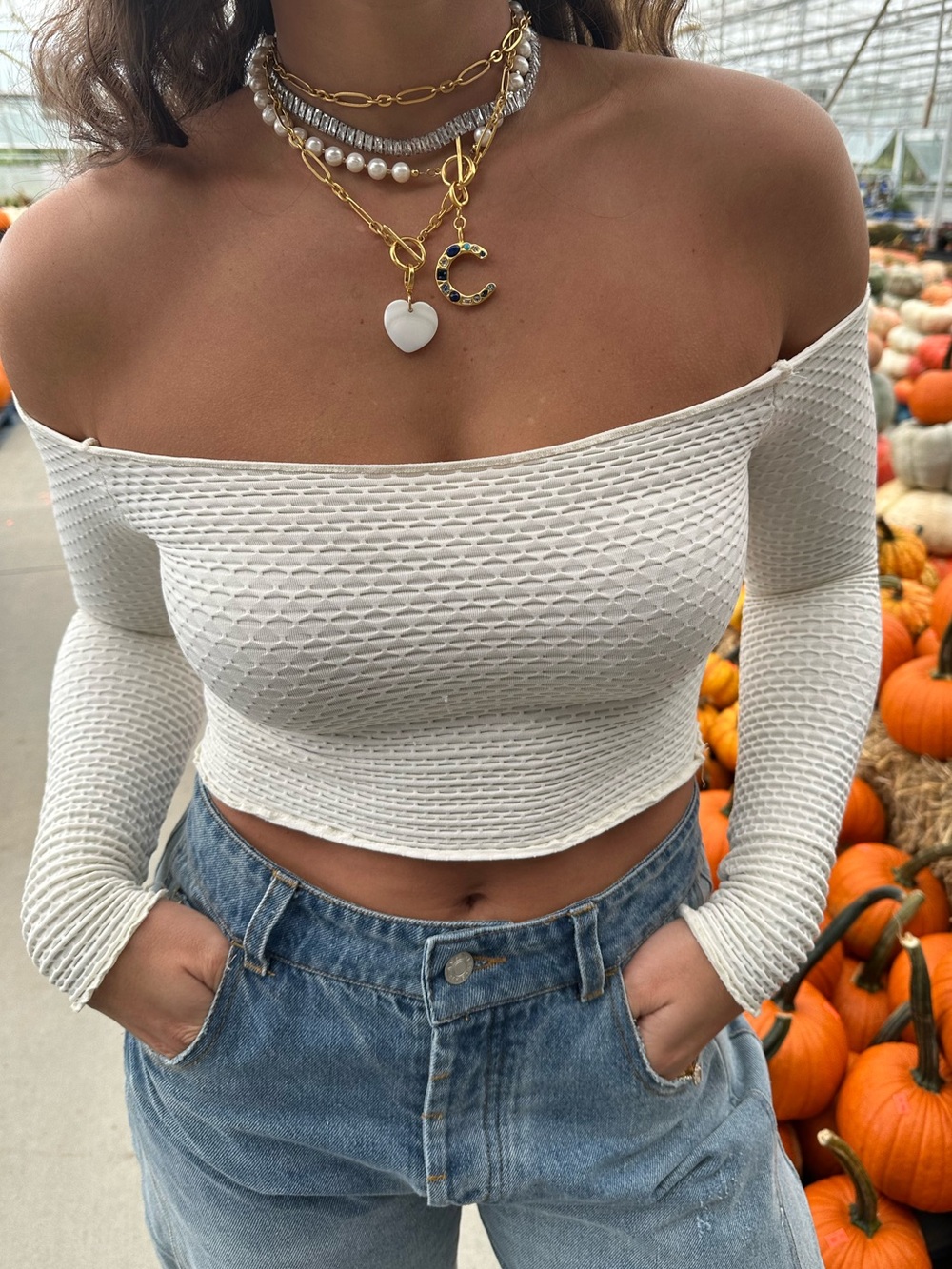 XS/S Ivory Off-Shoulder Textured Crop Top